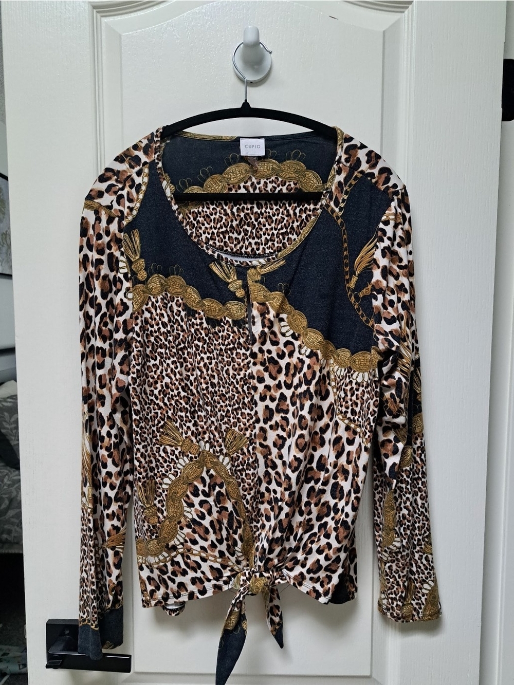 Cupio Leopard & Chain-Print Long Sleeve Tie-Front Top in Brown, Gold and Black
